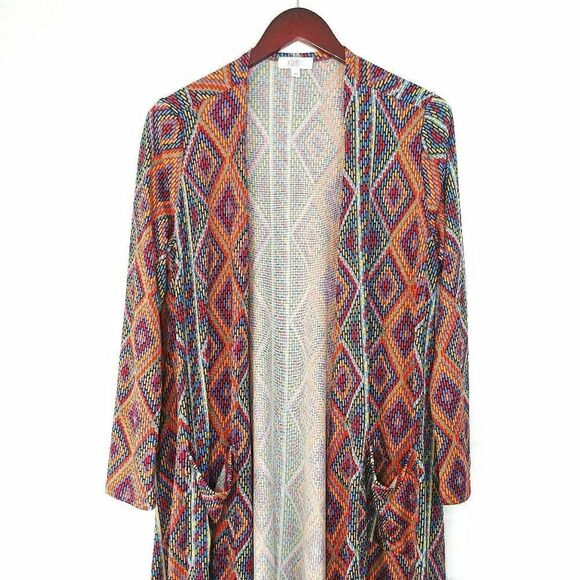 Lularoe Sarah Cardigan Duster Orange Blue Geometric Print - Picture 3 of 6
